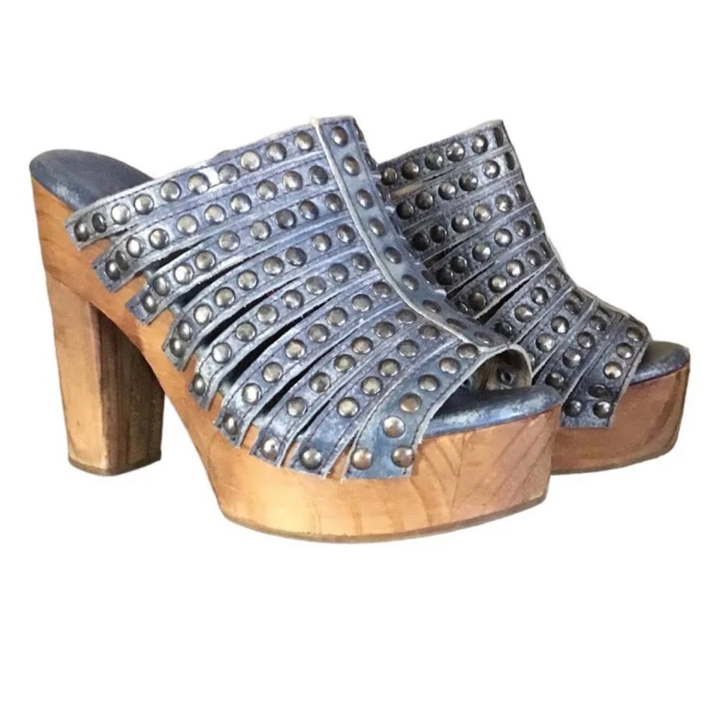 BED l STU Handmade Debby Distressed Leather Studded Wooden Platform Sandals 9.5